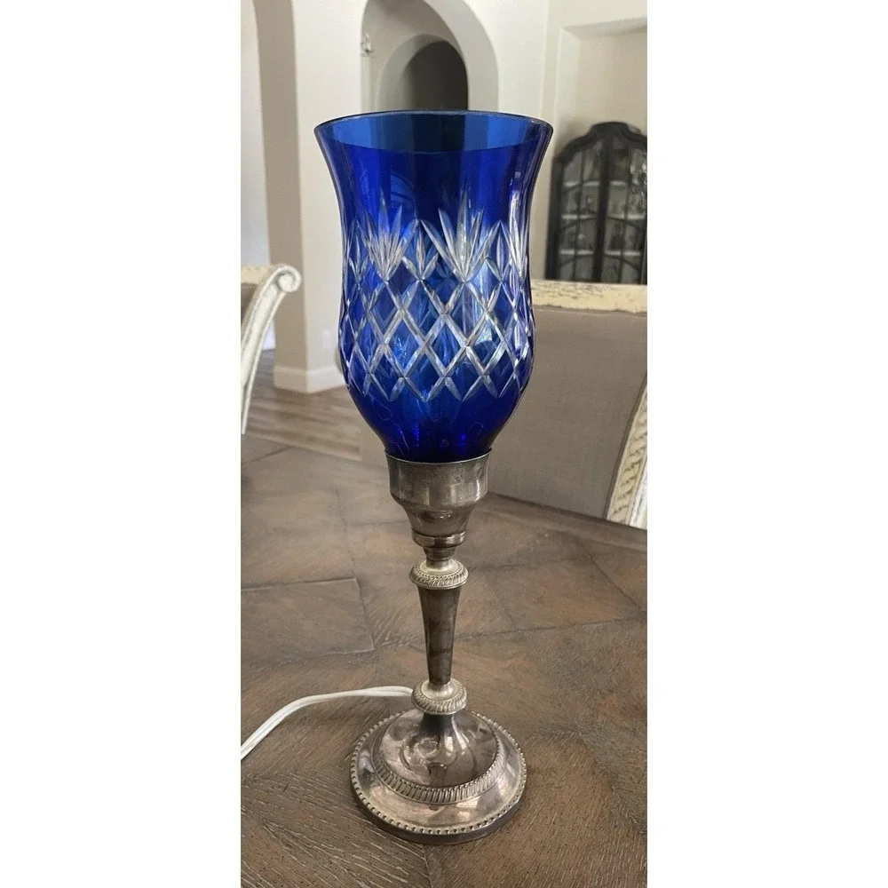International Silver Company Plated Cobalt Blue Cut Crystal Hurricane Lamp 15